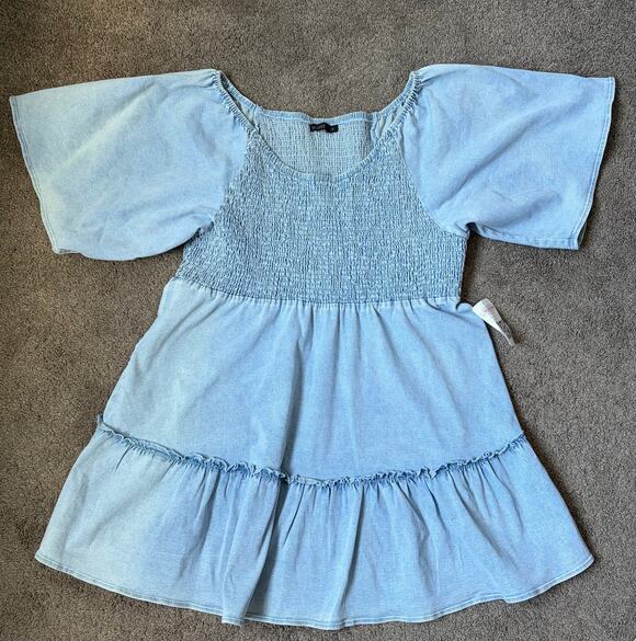 Mikarose Dresses & Skirts - Mikarose Chambray Blue Denim Knee Length Smocked Bodice Flutter Sleeve NWT Sz XL